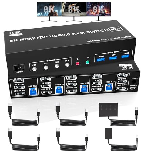 8K@60Hz 2 Displayport +HDMI USB3.0 KVM Switch 3 Monitore 4 Computer, 2 DP 1.4 +HDMI 2.1 Triple Monitor KVM Switch mit Audio Mikrofon +3 USB3.0 Ports, Triple Monitor Keyboard Mouse Switcher
