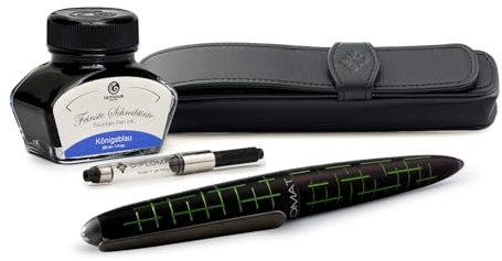 Diplomat Elox Matrix Grün Füllhalter Set mit Edelstahlfeder M, Füllhaltertinte in Königsblau und Stift-Etui aus Echtleder, Füllfederhalter, Füller