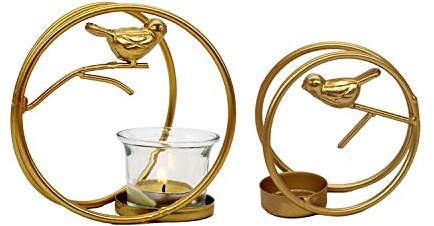 CROKZ Goldenes rundes Vogelkäfig-Kerzenhalter-Set/4,9 Zoll Eisen Moderne Kerzenhalter-Dekoration mit Glasbecher/romantische Hochzeit/Feiertagsdekorationen/2 Stück gemischte Farben/978/752