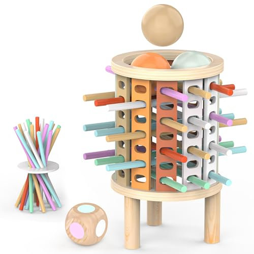 Jeux Montessori Jeu de Société en Bois pour Garçons Filles, Motricité Fine Jeu de Tour en Bois avec 28 Bâtonnets Colorés et Dés Jouets Éducatifs Famille Jeux Voyage Cadeau Enfant 3 4 5 6 7 8 9+ Ans