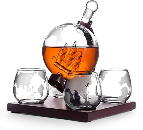 UPKWRJLK Carafe À Whisky Globe Avec 4 Verres À Whisky, Carafe À Vin Ensemble De Carafe À Whisky Vodka Globe Carafe Distributeur De Liqueur Avec Support En Bois Pour Whisky Bourbon,Clear