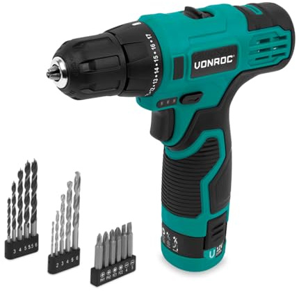 VONROC sladdlös borrskruvdragare 12 V – batteri, USB-kabel och borrsats och bitssats, 16 delar