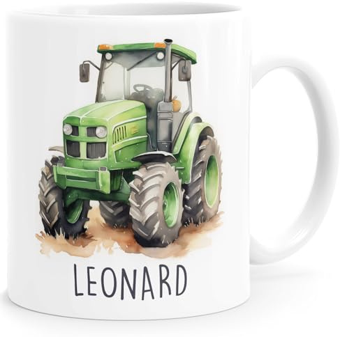 SpecialMe® Kindertasse Namenstasse Traktor Feuerwehrauto Rennwagen Auto Drache Keramikbecher Geschenk Kinder Jungen Weiss standard