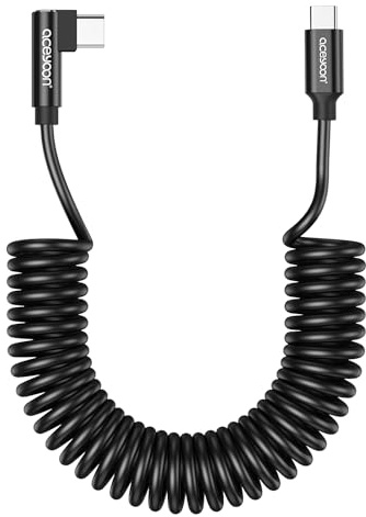 aceyoon Cable en espiral USB C a USB C de 240 W, 90 grados, cable en espiral USB tipo C, cable de carga rápida y cable de datos para Samsung Galaxy, para Huawei, para Google Pixel, se puede ampliar de