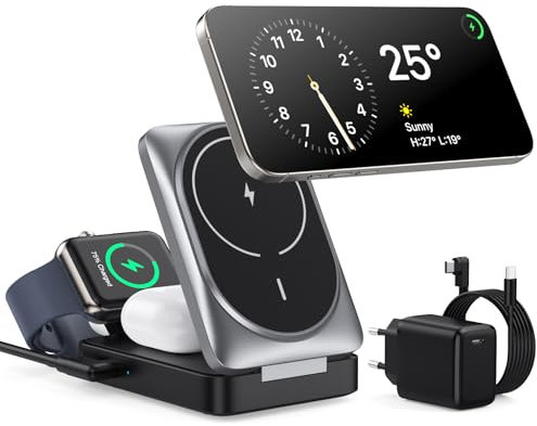 3 en 1 Chargeur sans Fil avec Mag-Safe, Station de Charge Certifié Qi2, Pliable Chargeur Induction sans Fil pour iPhone 16 15 14 13 12, Apple Watch, AirPods Pro avec Adaptateur Rapide