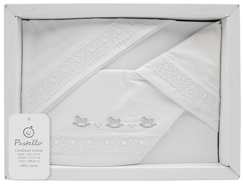 PASTELLO - Juego de cama de 3 piezas, 100% algodón para bebé, juego de sábanas con bordado (Art. LL31E, Cielo)