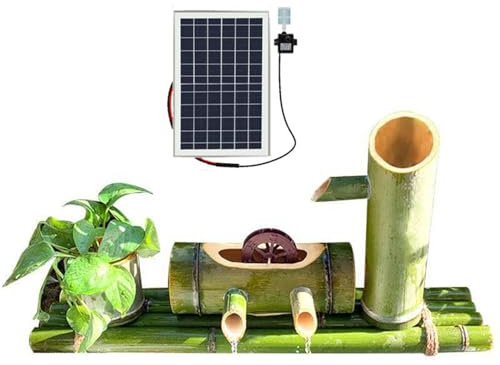 SGKOMN Fontana Solare in bambù, Fontana da Giardino Giapponese con Pompa e Pannello Solare, Decorazione da Giardino Zen Feng Shui, Decorazione da Giardino per Esterni, per Patio, Intern, 35cm