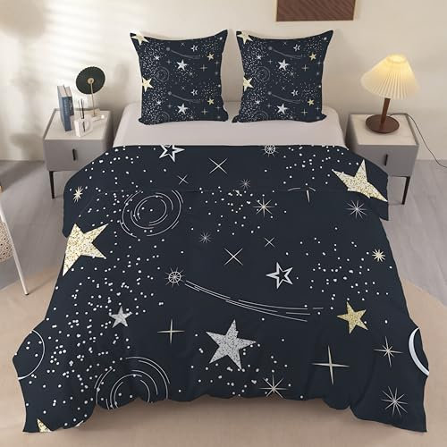 dyausi Bettwäsche 155x220 Sterne, Niedlich Cartoon Sternenhimmel Bettbezug 3 Teilig Bettwäsche-Sets, Wendebettwäsche Weiche Microfaser, Deckenbezug mit Reißverschluss und Kissenbezug G89