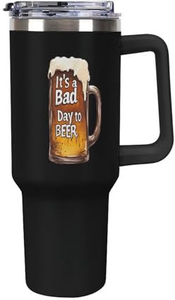 peiyeety Lustiger Bierbecher mit Henkel „A Bad Day to Be, Unisex, für Erwachsene, Edelstahl, großes Fassungsvermögen, Reisebecher fürs Auto, 40 oz
