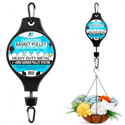 AIBULO Hanging Basket Pulley – 1 Pack Heavy-Duty Retractable Plant Pulley Hook for Hanging Baskets, Plants, Bird Feeders & Garden Décor – Adjustable Hanger with 15KG Capacity