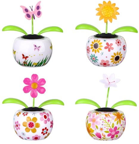 4 Pack Solar Dancing Butterfly Toy Solar Powered Dancing Sun Flower in Colorful Pots Swinging Sunflower Flip Flap Animated Bobblehead Dancer Window Sun Catcher Car Dashboard Decor