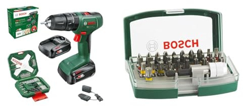 Bosch Cordless Hammer Drill EasyImpact 18V-40 (2X 2.0 Ah Battery, 18 Volt System, Screwdriver and Drill Set for Wood, Stone and Metal 34 Pieces) + 32pc. Screwdriver Bit Set