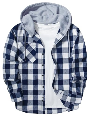 SwissWell Camisas Franela para Hombre Manga Larga Camisa a Cuadros con Capucha Camisa de Trabajo Leñador con Bolsillo,D157 Azul Oscuro Blanco,3XL