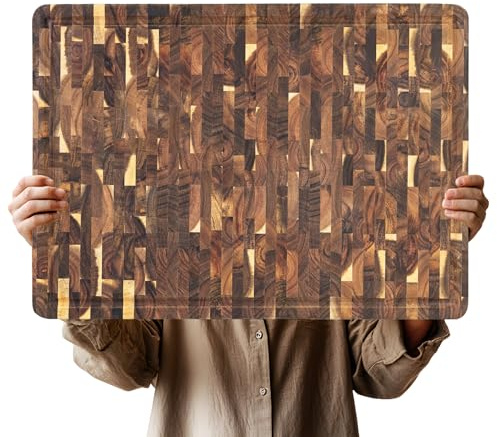 Utoplike Großes Akazienholz-Schneidebrett (56 x 40,5 x 3,5 cm), Hirnholz Größter Holz-Metzgerblock für Truthahn, Schneidebrett mit Griff und einseitiger Saftrinne
