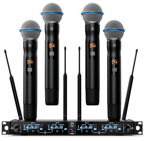 4-Channel Wireless Microphones System, 4 Metal Handheld Dynamic Mic Kit