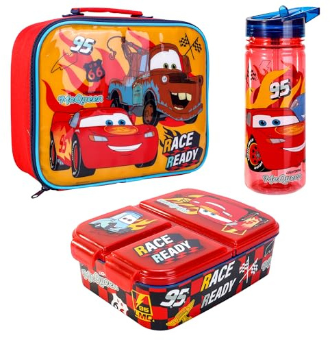 Disney Cars Kids Childrens Lunch Box Set – Insulated Lunch Bag, Multicompartment Lunch Box & 580ml Water Bottle - School Travel Lunch Food Set, BPA Free