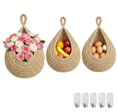 3Pcs Wall Hanging Basket Egg Basket for Kitchen Hanging Fruit Basket with 5 Hooks Mounted Baskets to Storage Egg Potato Onion Fruit Flower Plant vegetable Snack (‎Linen)