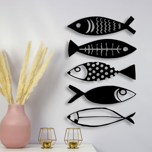 DUOOLN Metall Wanddekoration 5 Stück Fisch deko, Modern Marine Eisen-Wandkunst, Hängende Skulptur Fischschwarm, Dekoratives Kunstwerk für Zuhause, Küche, Badezimmer, Poolbereich, Veranda – 35 x 10 cm
