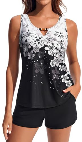 Hanna Nikole Tankini 2 pièces pour femme - Maillot de bain modeste - Col en V - Avec poches - Short de bain sportif - 2 pièces