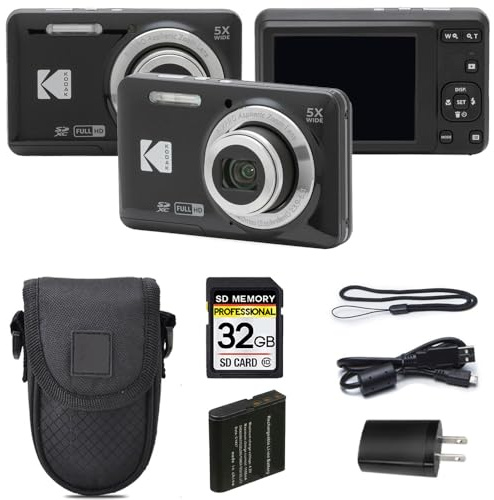 Kodak PIXPRO FZ55 Digital Camera, 16MP Compact Point & Shoot, 5X Optical Zoom, 28mm Wide Angle Lens, 1080P Full HD Video, Black + Camera Case & 32GB SD Card