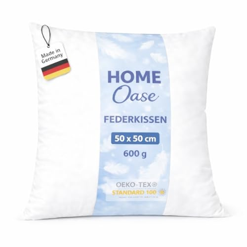 Home Oase Federkissen 50x50 cm (1er Set) - Kopfkissen mit 100% Federfüllung und Bezug aus Bauwmolle, Oeko-Tex Zertifiziert, perfekt für Allergiker und Kinder, 600 g Füllung
