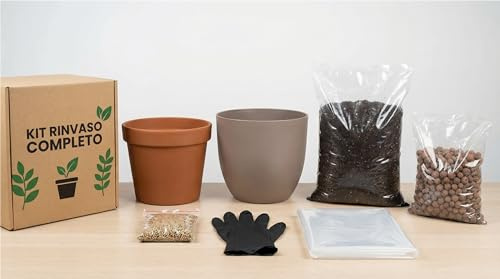 I GIARDINI DI GIULIA - Kit Rinvaso Facile per Piante XL da Interno Tutto Incluso: Coprivaso 30cm + Terriccio + Concime Pronto all'Uso (Vaso tortora)