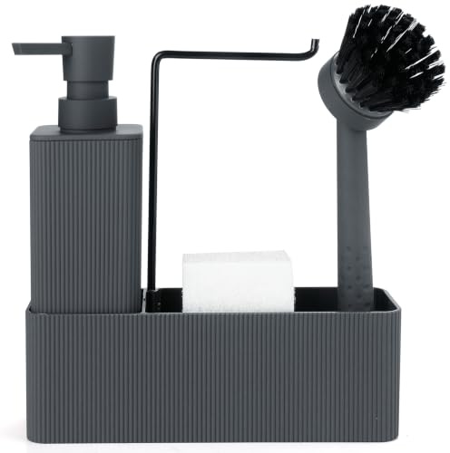 Spülmittelspender Küche mit Seifenspender Spülbürste Schwamm Spültuchhalter | AJEUNGAIN Seifenspender Küche Set, Spülbecken Organizer Schmal Grau für Küchen Bad Spüle