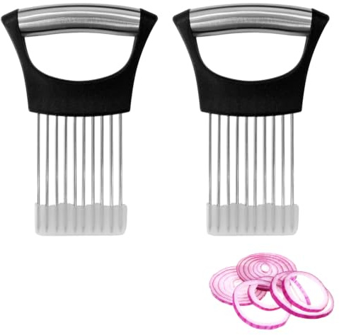 Cortador de Cebolla y Cortador de Verdura (2 Piezas), con Cubierta Protectora y Soporte de Acero Inoxidable, Herramienta Multifuncional Antideslizante y Fácil de Limpiar