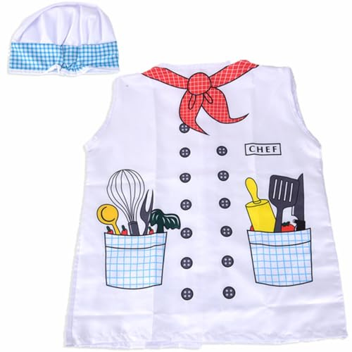 Jiuvaso Costume Chef Bambini Travestimento Cucina Gilet Pratico Cappello con Fiocco Bordo Stampa Utensili Tessuto Traspirante Comodo per Uso Quotidiano Adatto per Gioco Immaginativo Feste Casa