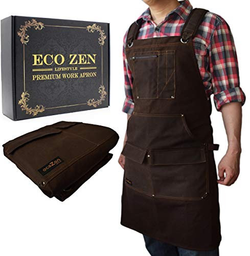 ecoZen 16oz Waxed Canvas Work Apron with Tape Holder - 27 x 34 inches Shop Apron with Elastic Back Strap and Front Pockets, Fully Adjustable, Tough Protection for Men - Brown