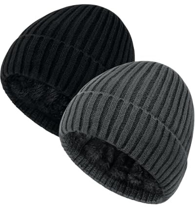 Chalier 2er Slouch Beanie Strickmütze Wintermütze Herren Damen, Warme Winter Mütze mit Fleece Innenfutter Unisex MEHRWEG(Schwarz+Grau)