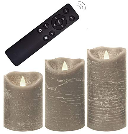 Battery Operated Flameless Candles with Remote Timer Real Wax Realistic Bright Flicker Flickering Electric Electronic LED Pillar Lights Home Wedding Party Decorations Set of 3 Rustic Texture Gray Grey