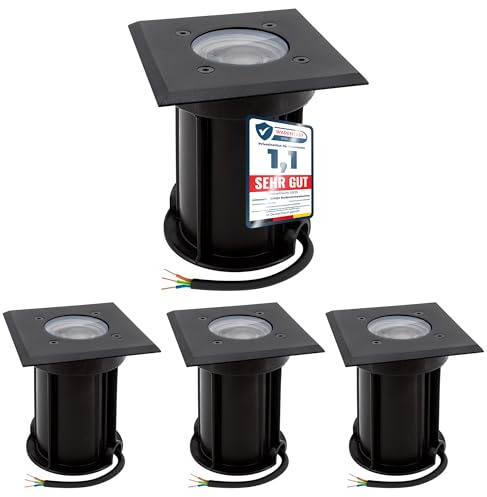 linovum 4 Stück BOQU Bodenspots schwarz IP67 mit LED GU10 6W 230V - 4x Bodeneinbauleuchten quadratisch mit Kabel