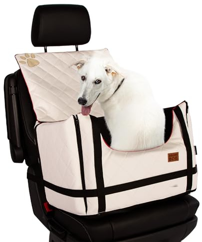 Golden Dog - Transportbox Hund mit Sicherheitsgurt M-52x44x33 cm - Leder Imitation Autositz Hund, Wasserdicht Hundesitz Auto - Beifahrersitz Hundebox Faltbar - Anschnallgurt Hundekorb Auto, Weiß