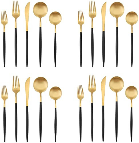 Mattgold Silberbesteck Set mit schwarzem Griff, 20-teiliges Edelstahl Besteckset 4 Personen Set, Home und Restaurant Besteckset, Spülmaschinenfest (Schwarz)