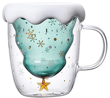 SMEXXY Weihnachtsbaum-Tasse, niedliche Weihnachts-Kaffeetasse, Teetasse, Milchbecher, doppelwandiger Glasbaumbecher mit Deckel und Griff für Paare, Glas, Kaffeetassen