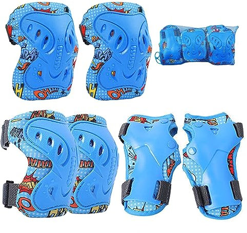 Sonwaha Protektoren für Kinder von 7 bis 12 Jahren, 6-teilig, Knieschützer, Ellenbogen- und Handgelenkschützer, Set für Fahrrad, Skateboard, Skateboard und Extremsport, Blau