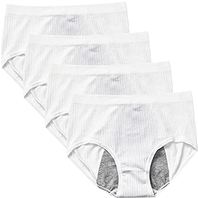 𝐏eriod Underwear for Women Menstrual Panties Teens High Waisted Cotton Postpartum 4 Pack for Teens Girls (White, One Size)