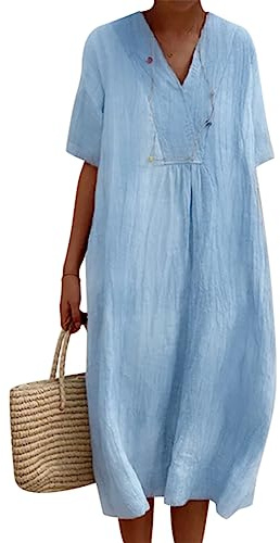 Robe d'été en coton Onsoyours - Col en V, taille grande, robe rétro mi-longue, bohème, couleur unie, robe de plage à la mode, taille XXL, bleu