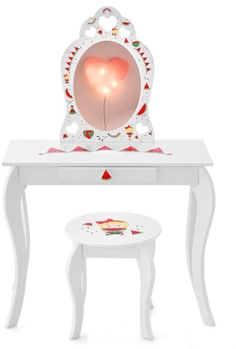GOPLUS 2 in 1 Kinder Schminktisch aus Holz, Schreibtisch mit Hocker, Schublade & abnehmbarem Spiegel, Kosmetiktisch mit Kippsicherung & rutschfesten Füßen, für Mädchen ab 3 Jahren, Weiß