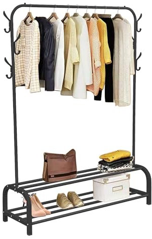 Shoze Kleiderständer Freistehender Kleiderbügel Trockengestell Metall Bekleidungsschiene Schlafzimmer Kleiderstange mit unterem (Kleiderstangen mit zwei Ablagefächern, Schwarz)
