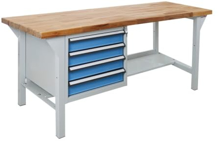 Steinbock Werkbank 4 Schubladen | 150x85x75 cm | 500 kg | Blau | 500 kg Tragkraft | 5 cm geölte Massivholz-Arbeitsplatte aus Buche | stabiles Stahlgestell | Werktisch | Made in EU