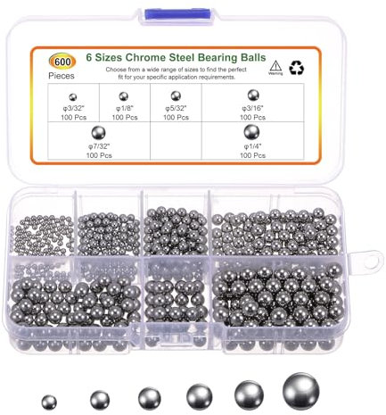 sourcing map 600pcs G16 Precision Balls Assortment Kit 1/4 3/16 7/32 5/32 1/8 3/32 Chrome Steel Solid Bearing Balls