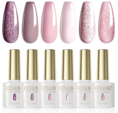 ROSALIND Smalto Semipermanente per Unghie,6 Colori púrpura Nude Viola Avena Glitter Soak Off UV LED Gel Nail Polish Gel Colorati Per Unghie Manicure Set