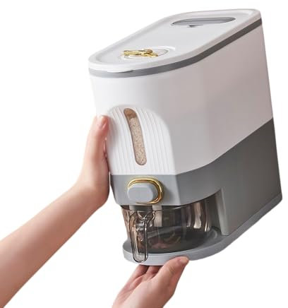 Sooyee 11Lbs Rice Dispenser, Large Grain Container Storage with Lid Measuring Cylinder Moisture Proof Household Cereal Dispenser Bucket for Kitchen Soybean Corn,White and Grey