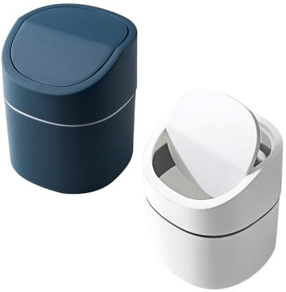 DHSBGWSX 2 Piccoli Bidoni della Spazzatura Con Coperchio, per Camera da Letto, Mini Pattumiera da Scrivania, Portatile, Cestino da Bagno (Blu, Bianco)