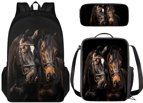 Howilath Mädchen Schulrucksack für Grundschule mit Brotdose Federmäppchen, Braunes Pferd