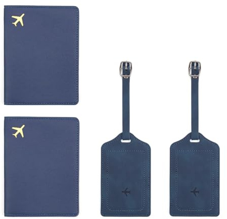 0XBIT Etiquette Bagage et Protège Passeport, 2 Pièces Etiquette Valise et 2 Pièces Etui Passeport, PU Cuir Souple, Confortable en Main, pour Les Couples Fête de Mariage Honeymoon Voyage