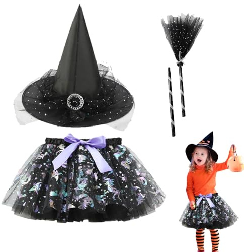 LJTXX Halloween Hexe Kleider, 3PCS Hexenkostüm Outfit mit Hexe Zubehör Tutu Rock Hexenhut Besen Magierin Hexenkostüm Witcher Kostüm Outfit Set Hexen Verkleidung Set für Fasching Halloween Karneval