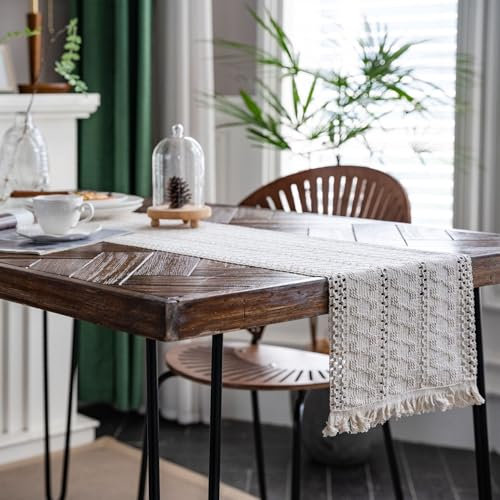 FAWFCJD Boho-Tischläufer, Makramee-Tischläufer Mit Quasten, Bauernhaus-Tischläufer, Boho-Tischläufer, Rustikaler Langer Tischläufer Aus Baumwollleinen for Böhmische Hochzeit, Esszimmer(30x160cm)